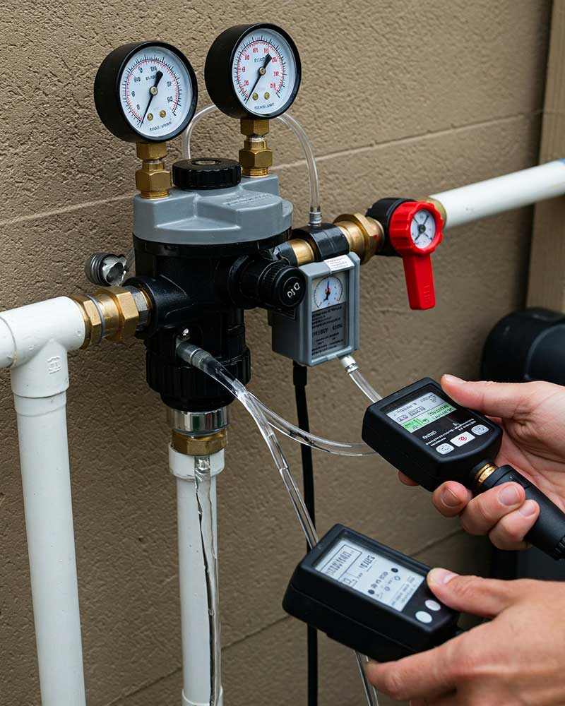 Technician performing backflow prevention test on plumbing system using pressure gauges and digital testing equipment.
